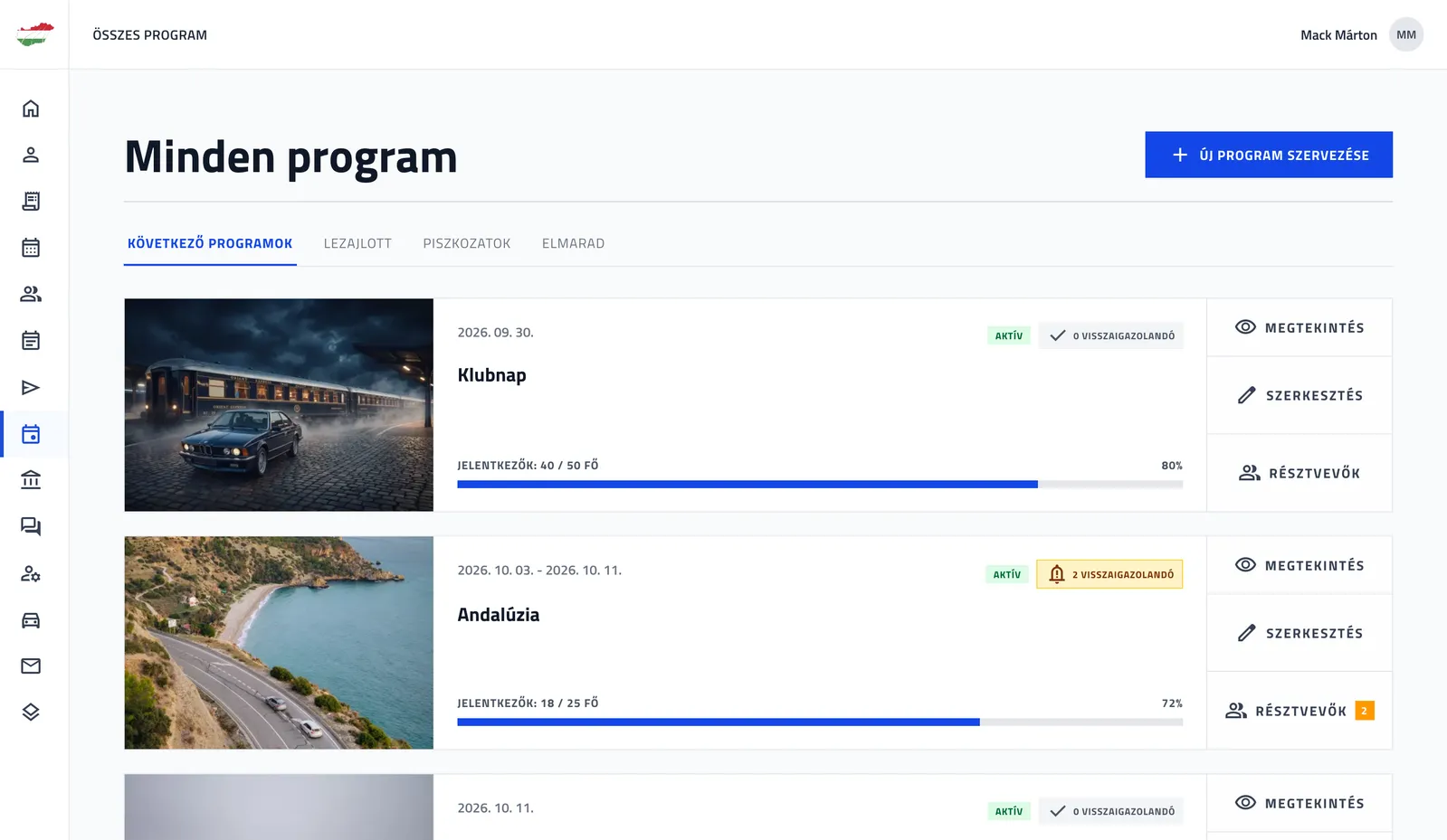Admin felület, programok és jelentkezők kezelése